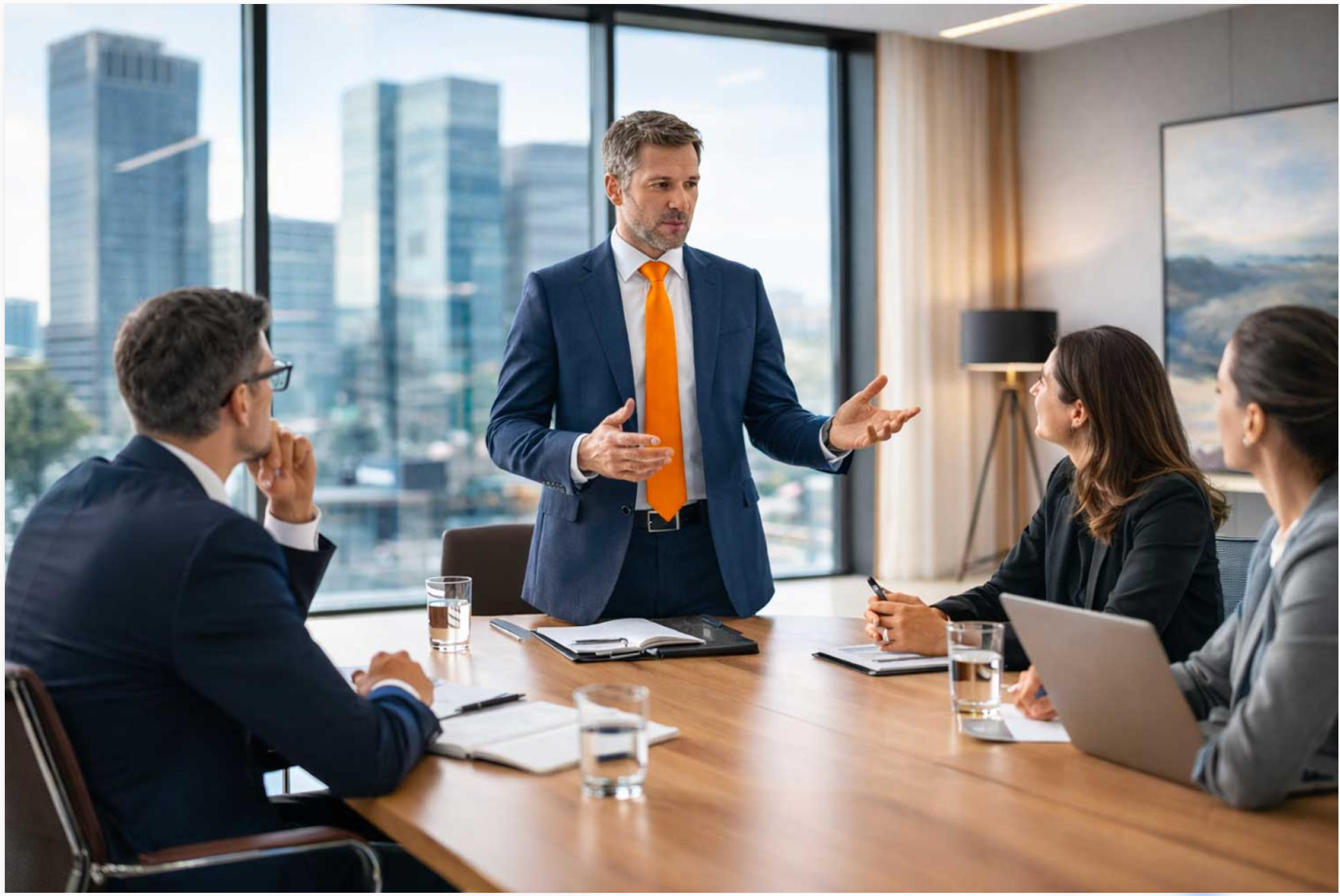 An executive leading a boardroom discussion