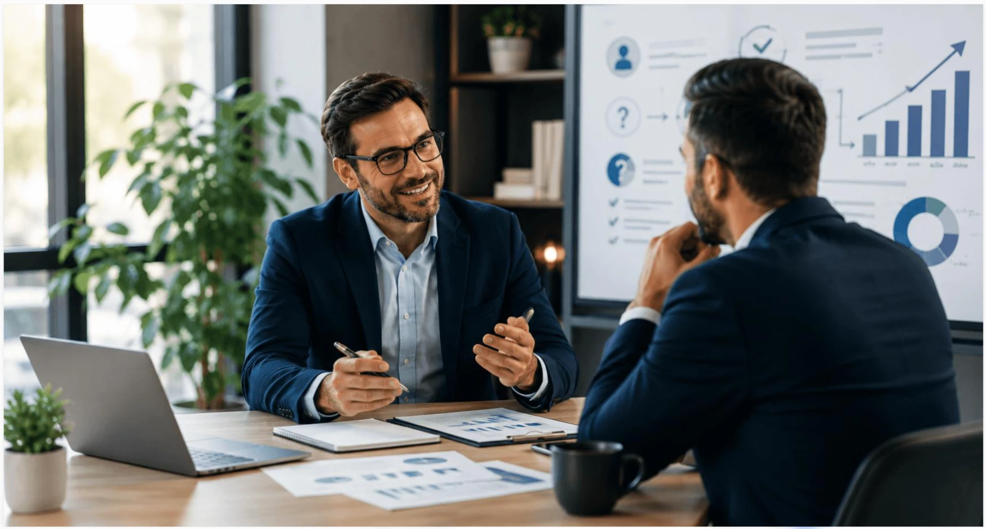 A salesperson talking with a client across a desk